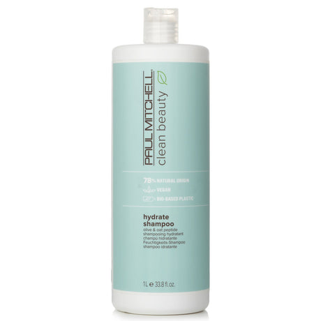 Paul Mitchell Clean Beauty Hydrate Shampoo 1000ml, sulfate-free, vegan, nourishes dry hair with olive oil and oat peptide.