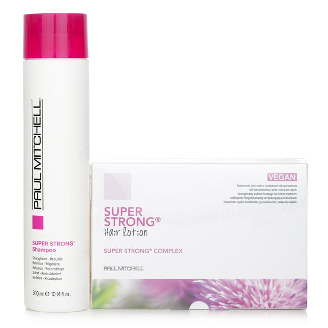 Paul Mitchell Strength Super Strong Complex Set with 300ml shampoo and 12x6ml hair lotion for rebuilding weakened hair.