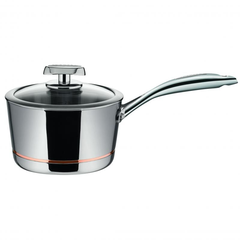 Innovative SCANPAN Axis 18cm saucepan with copper core, tempered glass lid, and ergonomic handle for precision cooking.