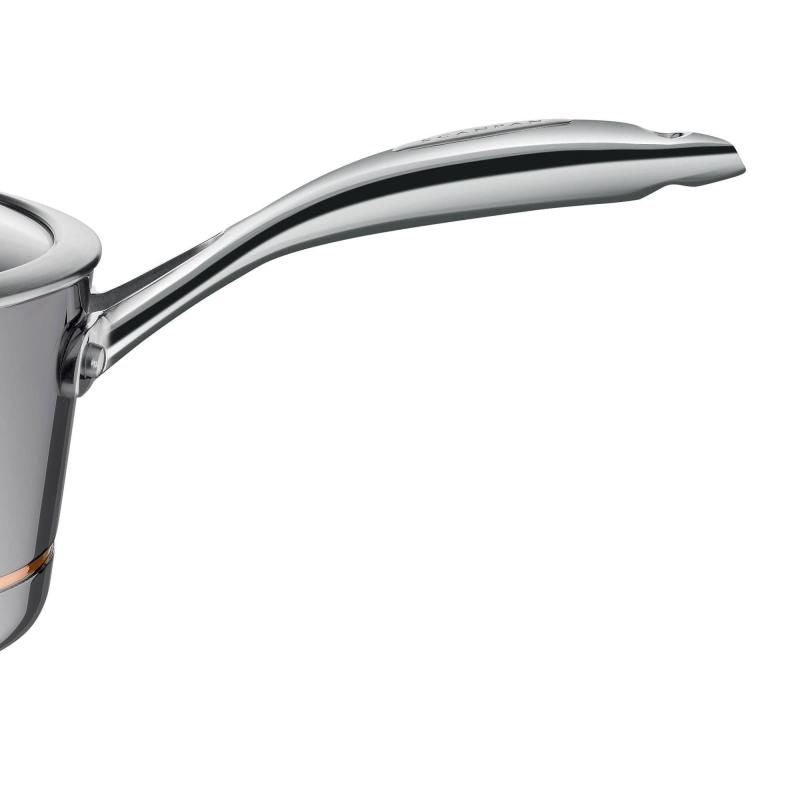 SCANPAN Axis 18cm saucepan features a copper core, stainless steel body, and tempered glass lid for precision cooking.