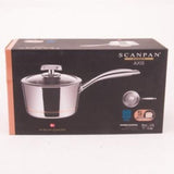 SCANPAN Axis 18cm saucepan with copper core, glass lid, ergonomic handle, and 5-layer construction for even cooking.