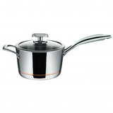 Scanpan Axis 20cm saucepan with copper core, stainless steel body, glass lid, ergonomic handles, and capacity markings.