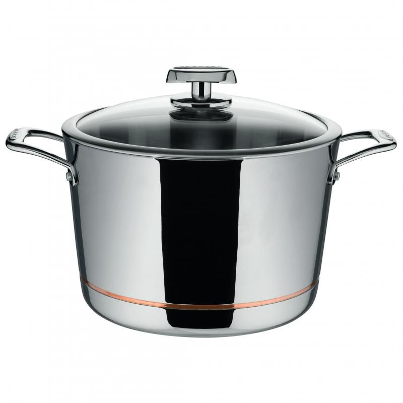 Scanpan Axis Stockpot 26cm/7.2L with copper core for even heat distribution, ergonomic handle, and oven-safe up to 250°C.