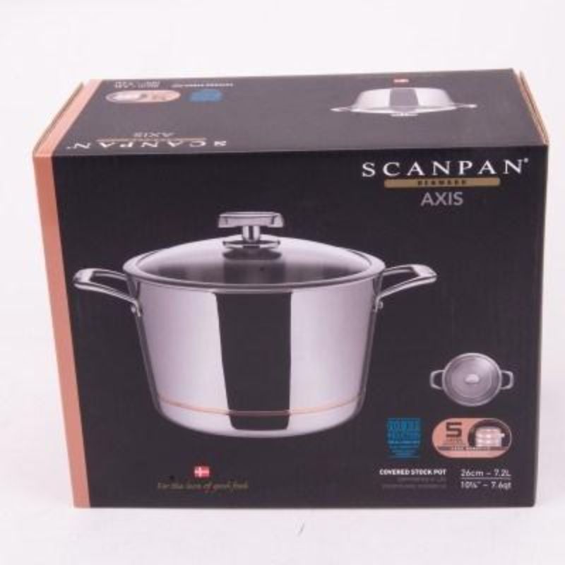 Scanpan Axis Stockpot 26cm/7.2L with copper core, tempered glass lid, ergonomic handle, ideal for soups and stews.