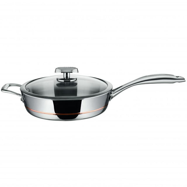 Scanpan Axis 26cm sauté pan with copper core for even cooking, stainless steel finish, and durable tempered glass lid.