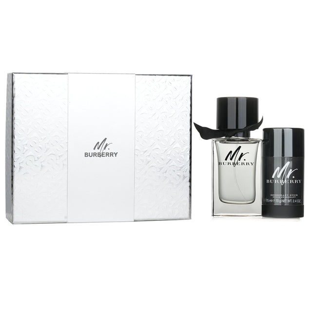 Burberry Mr. Burberry Coffret featuring 100ml Eau De Toilette and 70g Deodorant, exuding a woody aromatic scent for modern men.