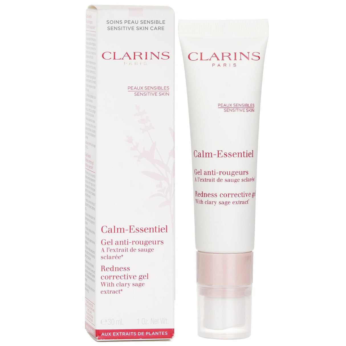 Clarins Calm-Essentiel Redness Corrective Gel in a green-tinted 30ml tube, soothing sensitive skin and reducing redness.