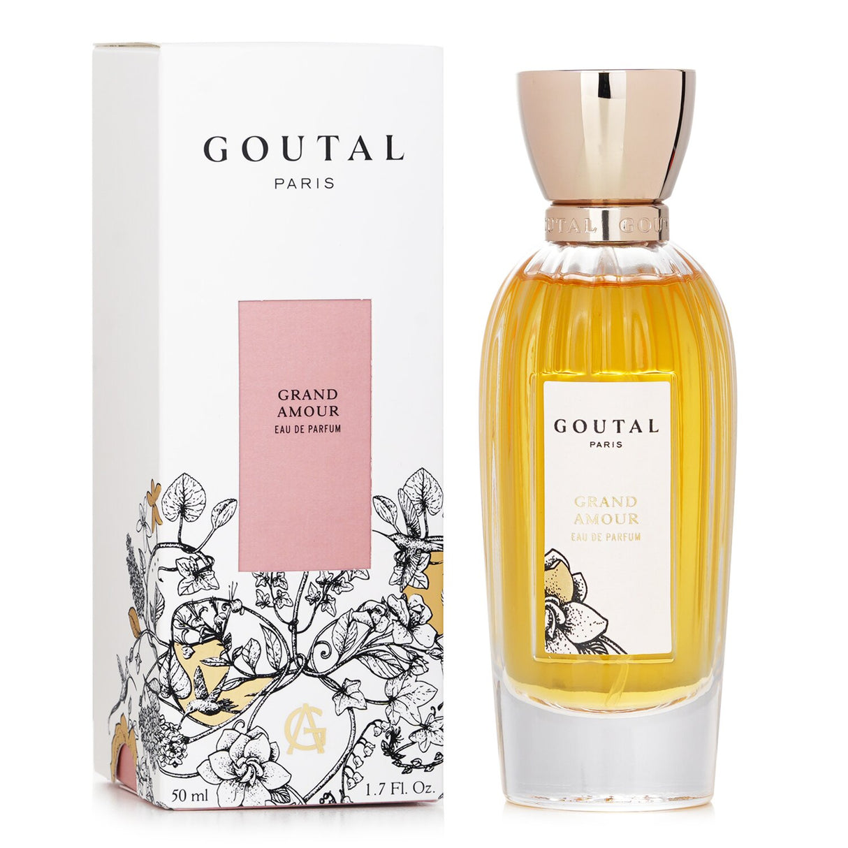 Goutal Grand Amour Eau De Parfum 50ml, a floral green fragrance with notes of rose, mimosa, myrrh, and vanilla, perfect for any occasion.