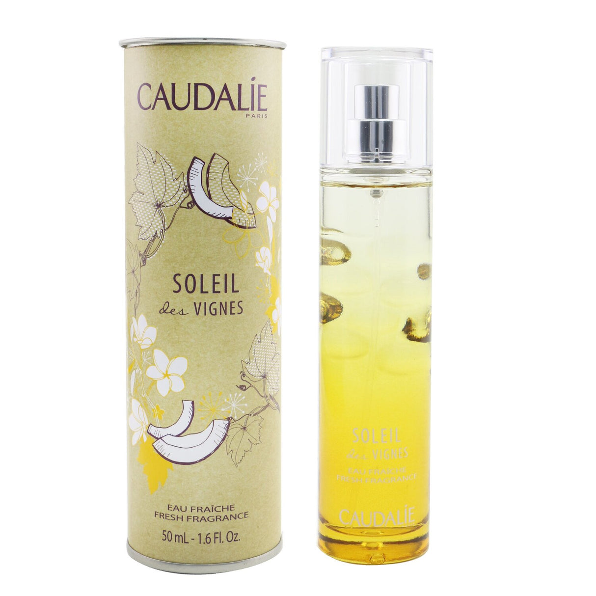 Caudalie Soleil Des Vignes Fresh Fragrance Spray 50ml, a fruity floral scent with notes of mandarin, coconut, and vanilla.