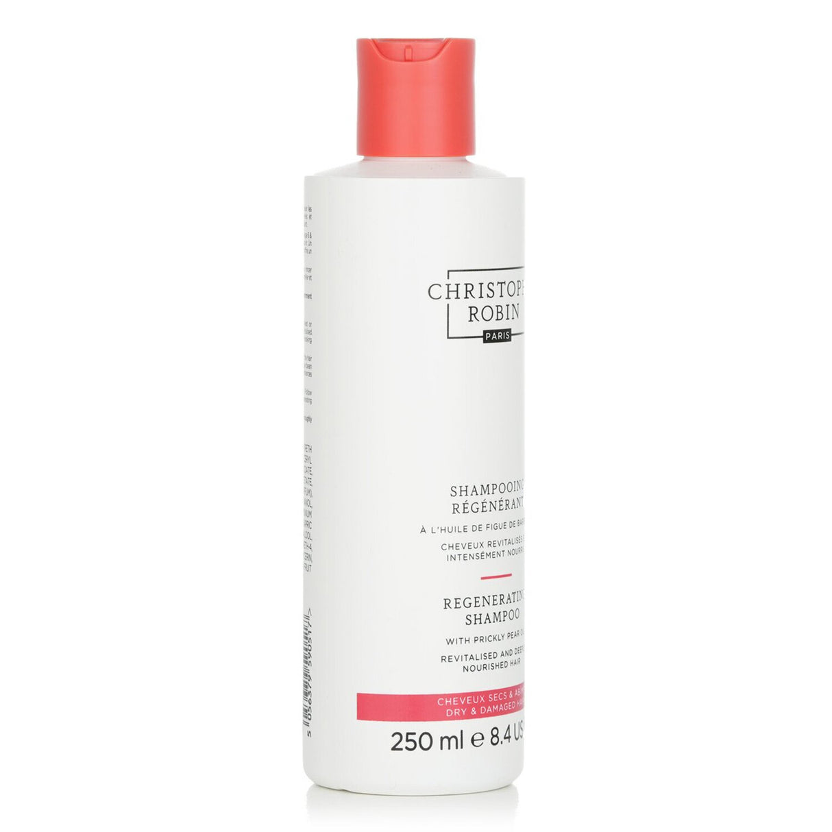 Nourishing shampoo with prickly pear oil for dry, damaged hair, promoting shine and taming frizz for a sleek finish.