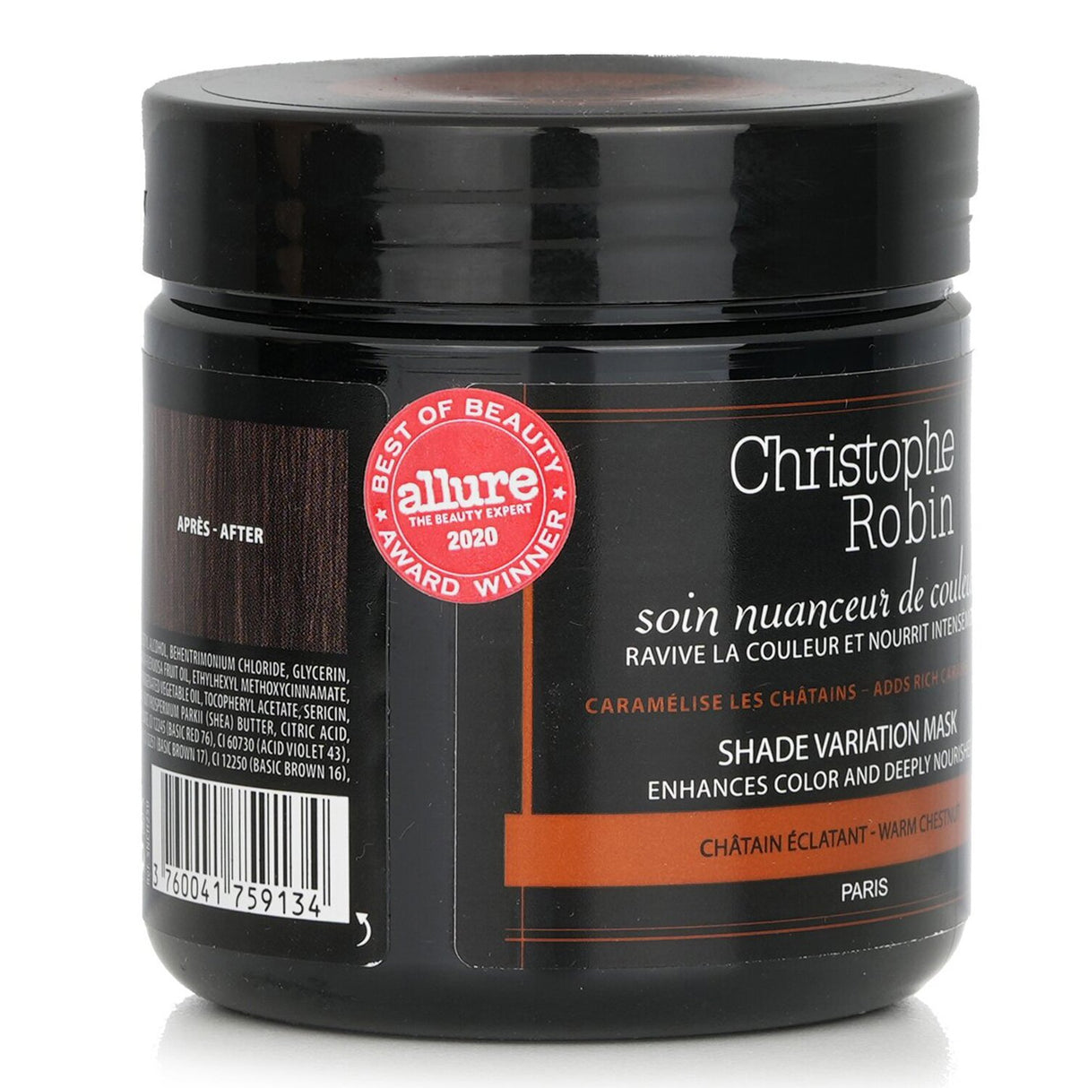 Warm Chestnut Shade Variation Mask by Christophe Robin for vibrant, nourished hair, enriching color and softness in 250ml.
