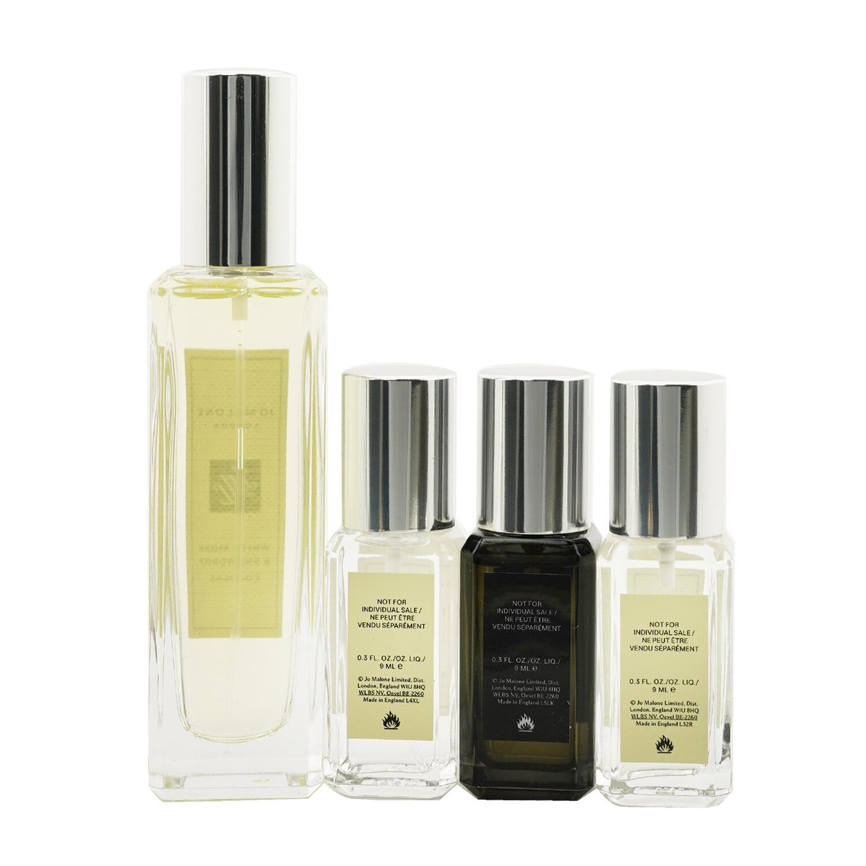 Jo Malone's 4-piece fragrance collection featuring White Moss & Snowdrop, English Pear & Freesia, Blackberry & Bay, and Myrrh & Tonka.