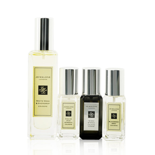 Set of 4 Jo Malone fragrances featuring White Moss & Snowdrop, English Pear & Freesia, Blackberry & Bay, and Myrrh & Tonka.