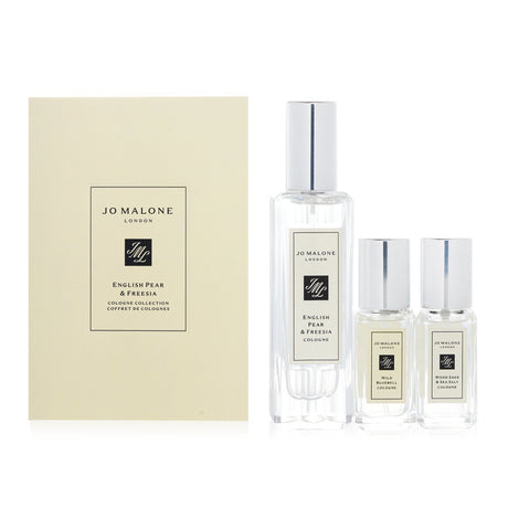 Luxurious Jo Malone English Pear & Freesia Coffret with 30ml cologne and two 9ml travel sprays for a refined fragrance experience.