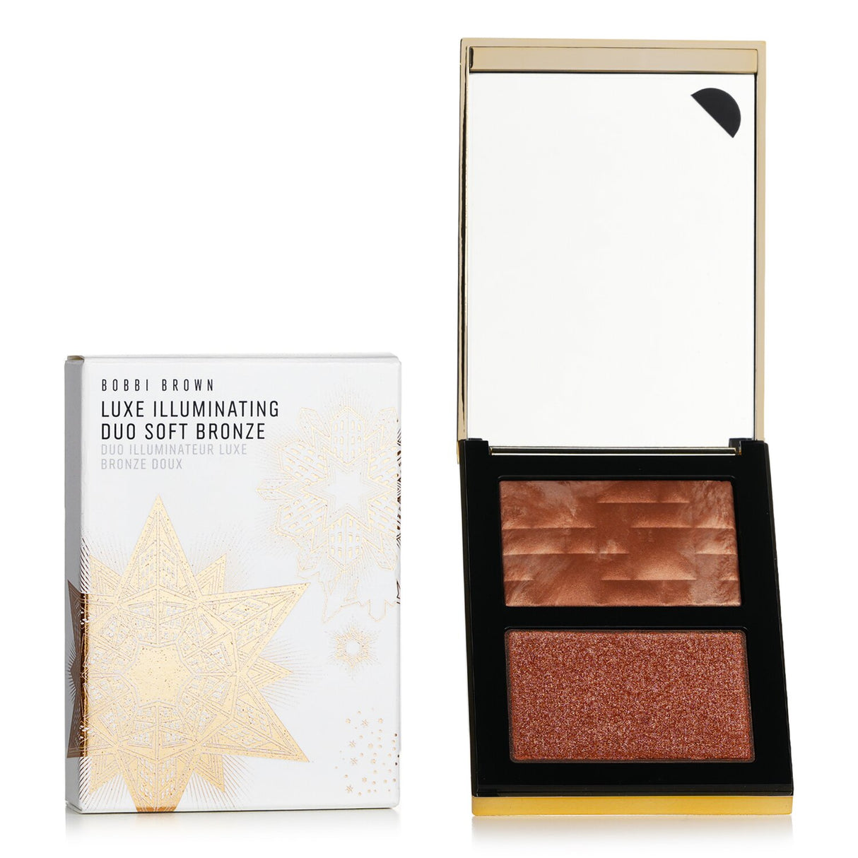 Bobbi Brown Luxe Illuminating Duo showcases #Soft Bronze Highlighting Powder and #Gilded Bronze Shimmering Powder in a chic compact.