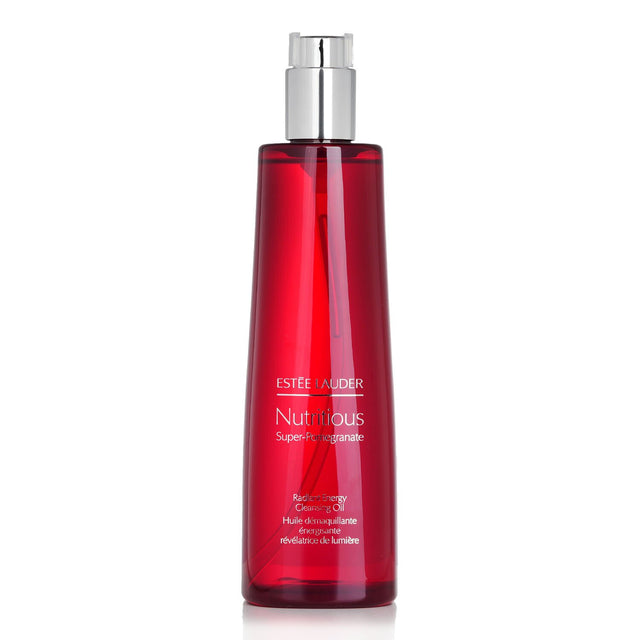 Estee Lauder cleansing oil in 400ml, removes makeup, hydrates with pomegranate oil, suitable for all skin types.
