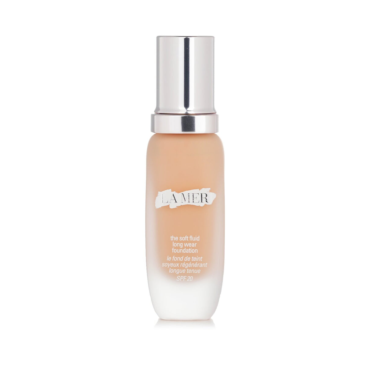 La Mer Soft Fluid Long Wear Foundation SPF 20 in #140 Alabaster, 30ml, offers lightweight coverage and UV protection.