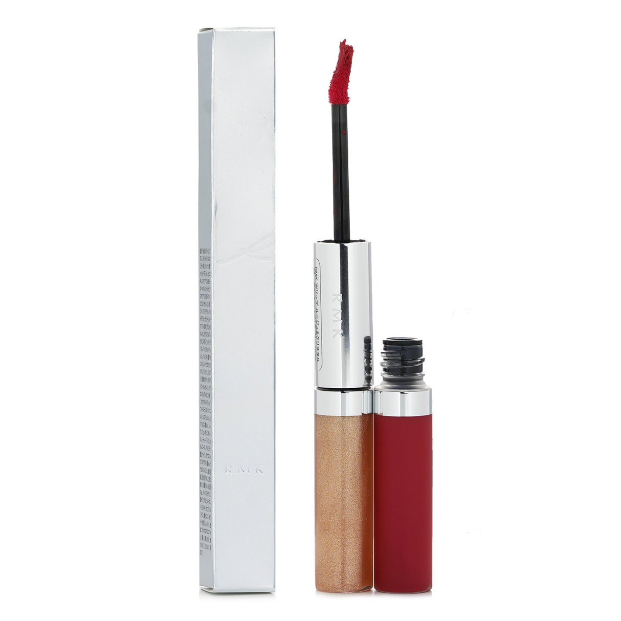 Dual-ended RMK Lip Rouge & Crystal #03 offers a rich matte color and glossy finish for captivating lips.