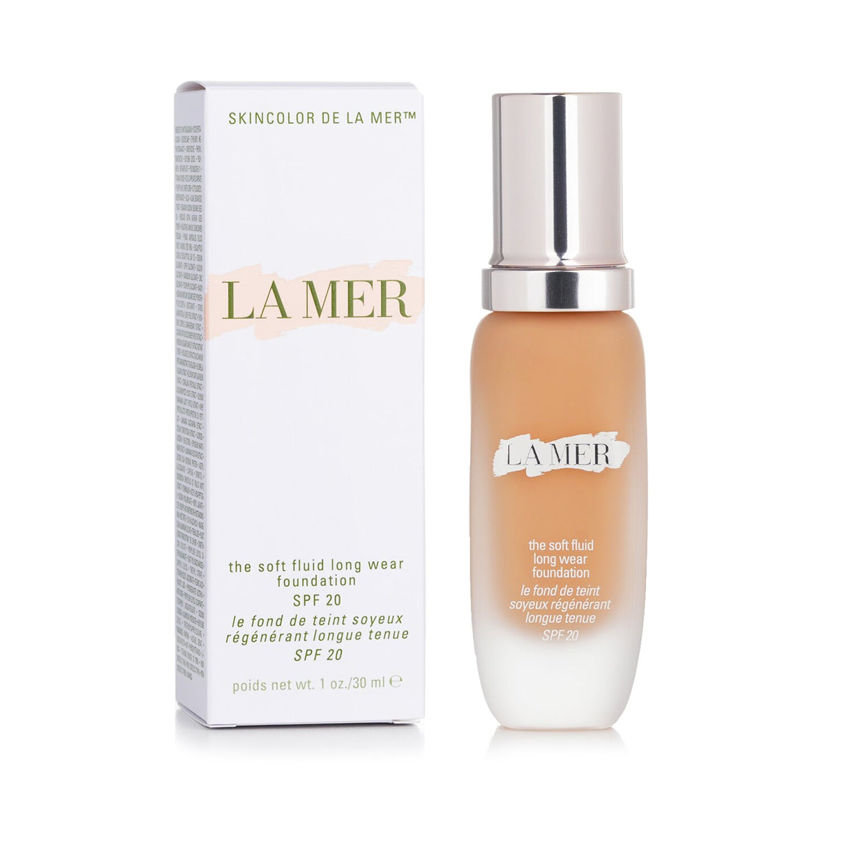 La Mer Soft Fluid Long Wear Foundation SPF 20 in #230 Light Ochre, offering lightweight coverage and skin-nourishing benefits.