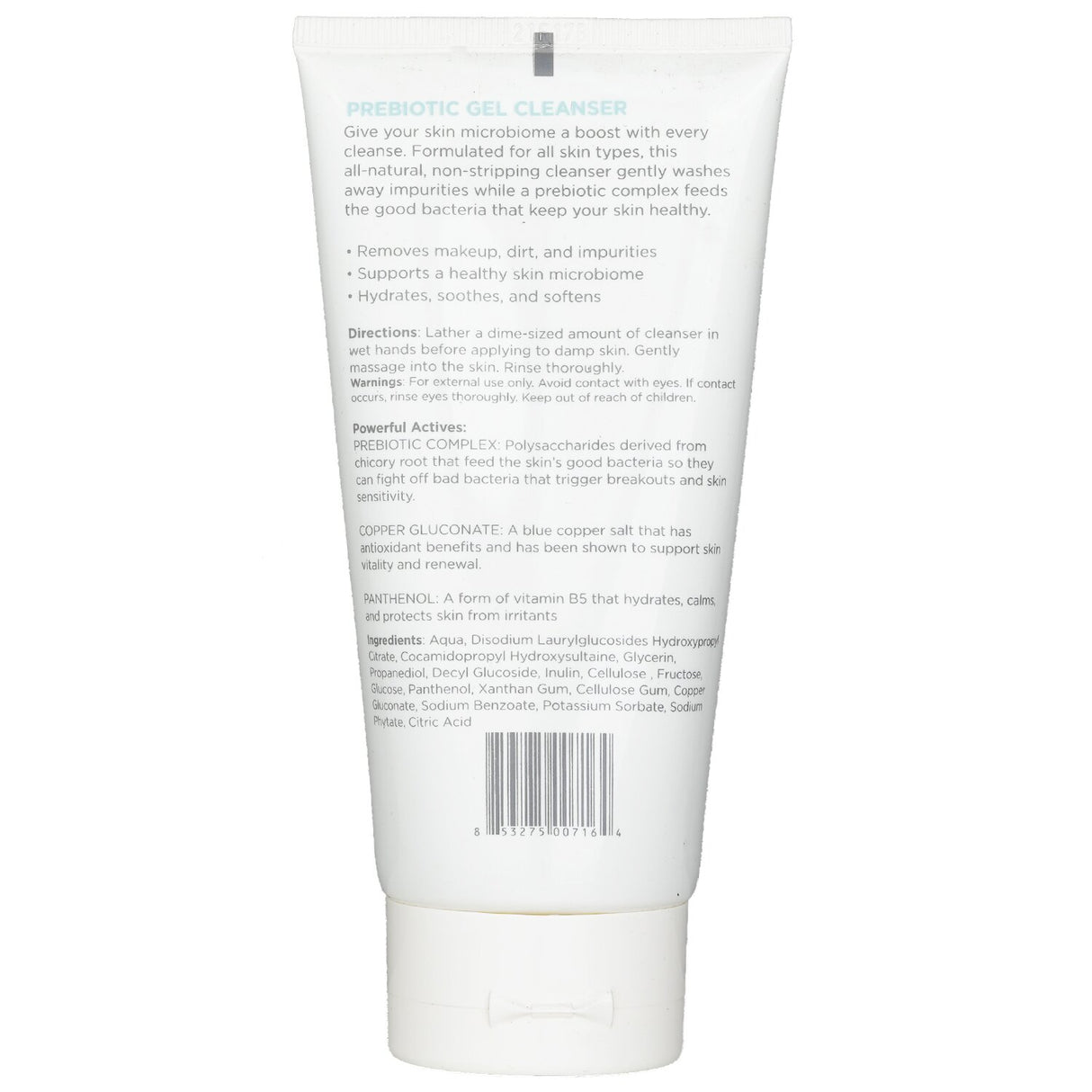 Prebiotic Gel Cleanser in aqua hue, 180ml, removes makeup and impurities while soothing and hydrating all skin types.