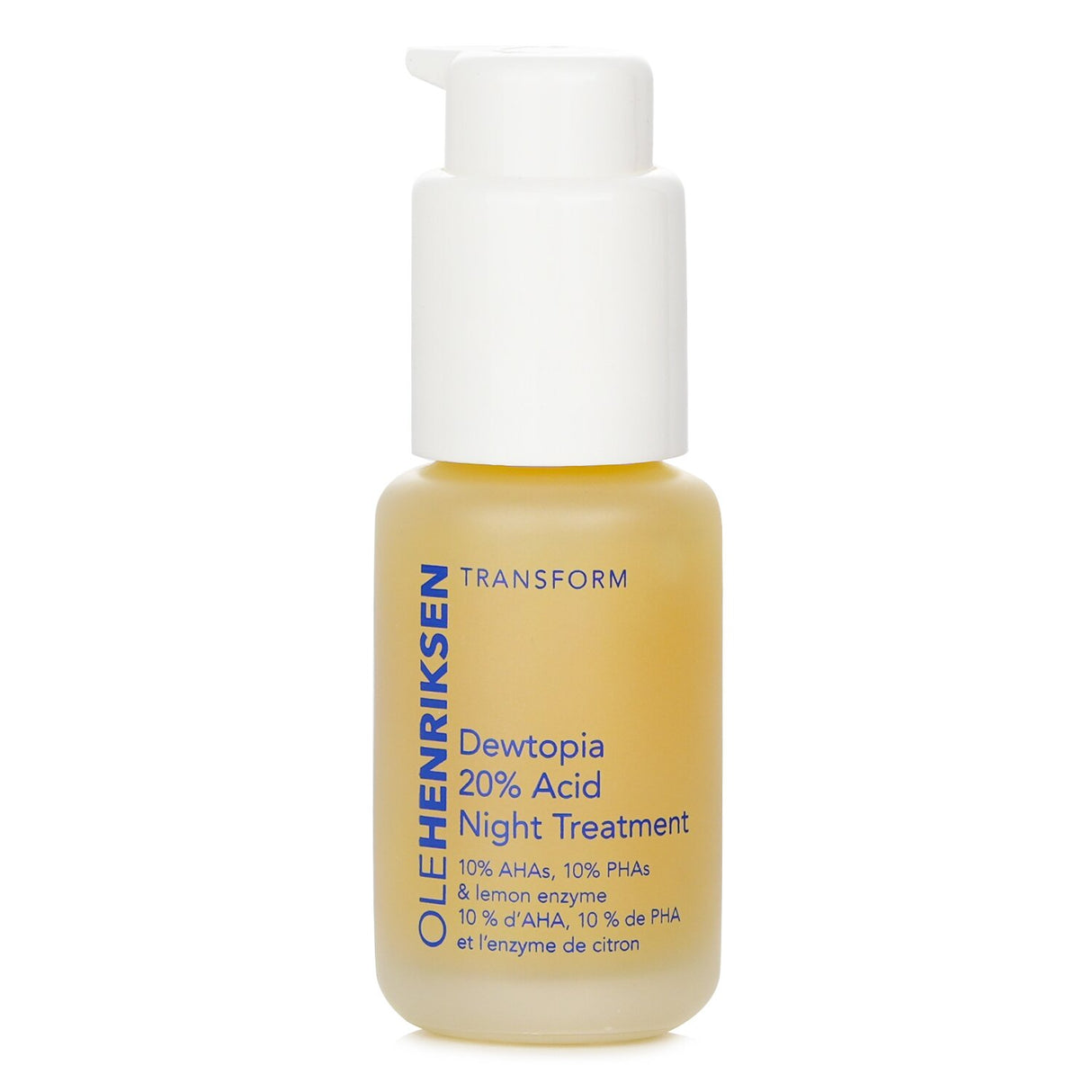 Ole Henriksen Transform Dewtopia night serum in 30ml with 20% acids, rich in nourishing ingredients for radiant skin.