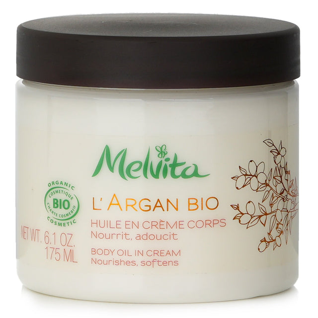 Melvita L'Argan Bio Body Oil In Cream in a 175ml bottle, nourishes and hydrates dry skin with a unique melting texture.