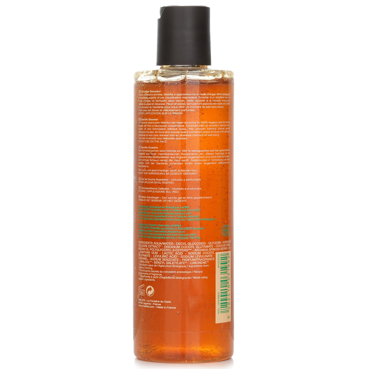 Melvita L'Argan Bio Gentle Shower gel in 250ml, a soap-free, floral woody cleanser suitable for all skin types.