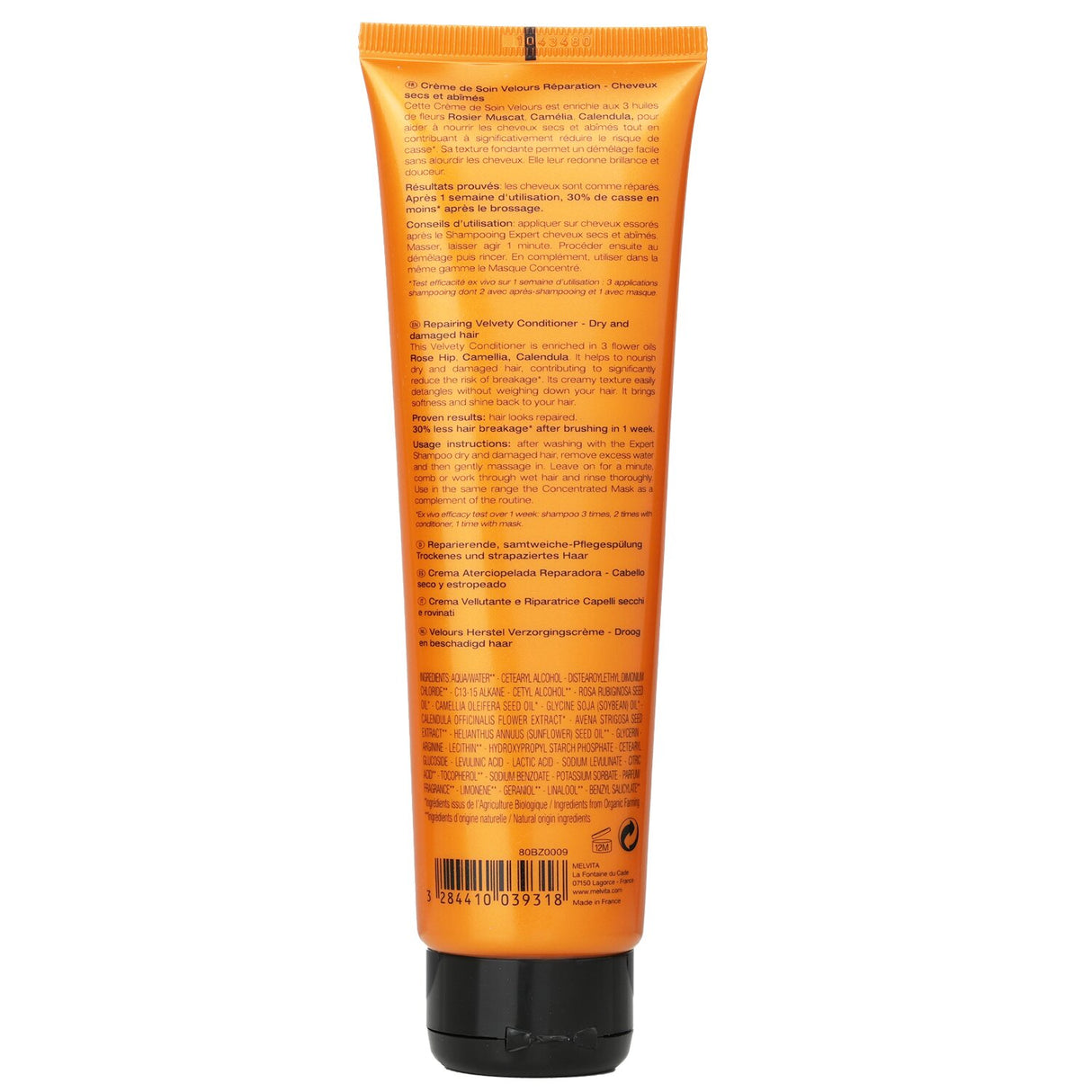 Melvita Repairing Velvety Conditioner in a 150ml bottle, rich in organic oils for nourishing dry, damaged hair.