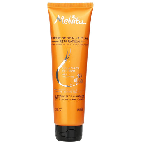 Melvita's Repairing Velvety Conditioner in a 150ml bottle, designed for nourishing and restoring dry, damaged hair.