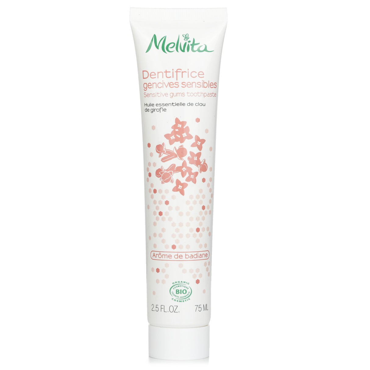 Fluoride-free Melvita Sensitive Gums Toothpaste with clove and rosemary for gentle care of sensitive gums, 75ml.