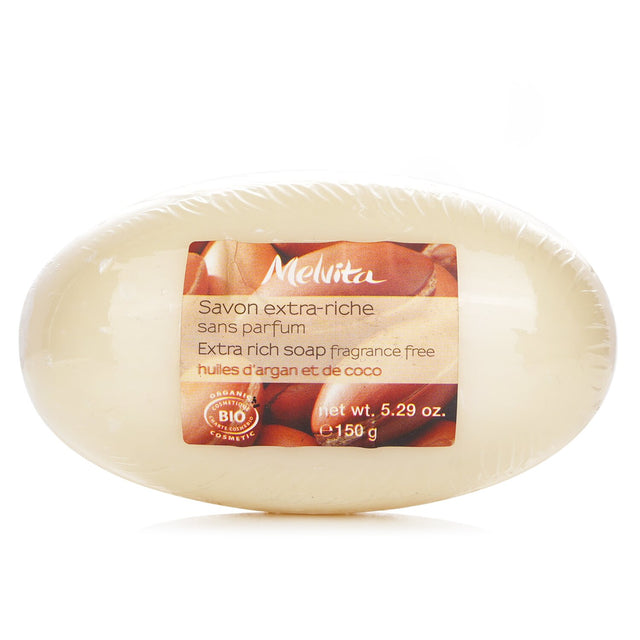 Melvita Extra Rich Soap with Argan Oil in 150ml, fragrance-free, ideal for dry and sensitive skin, enriching and moisturizing.