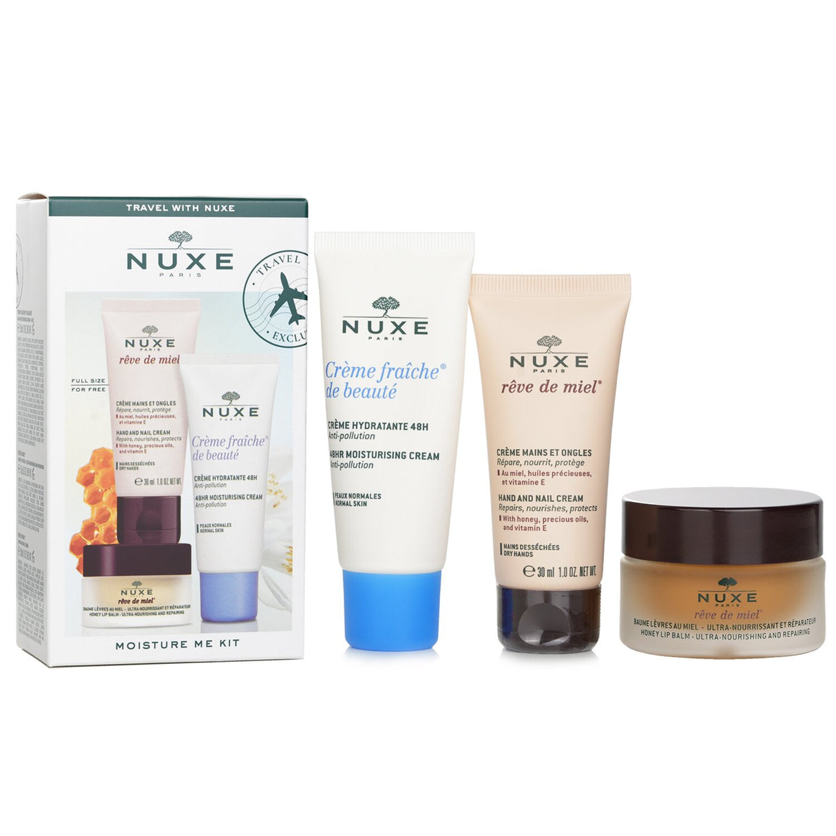 Nuxe Moisture Me Kit featuring a 48Hr moisturising cream, honey lip balm, and hand cream for ultimate hydration.