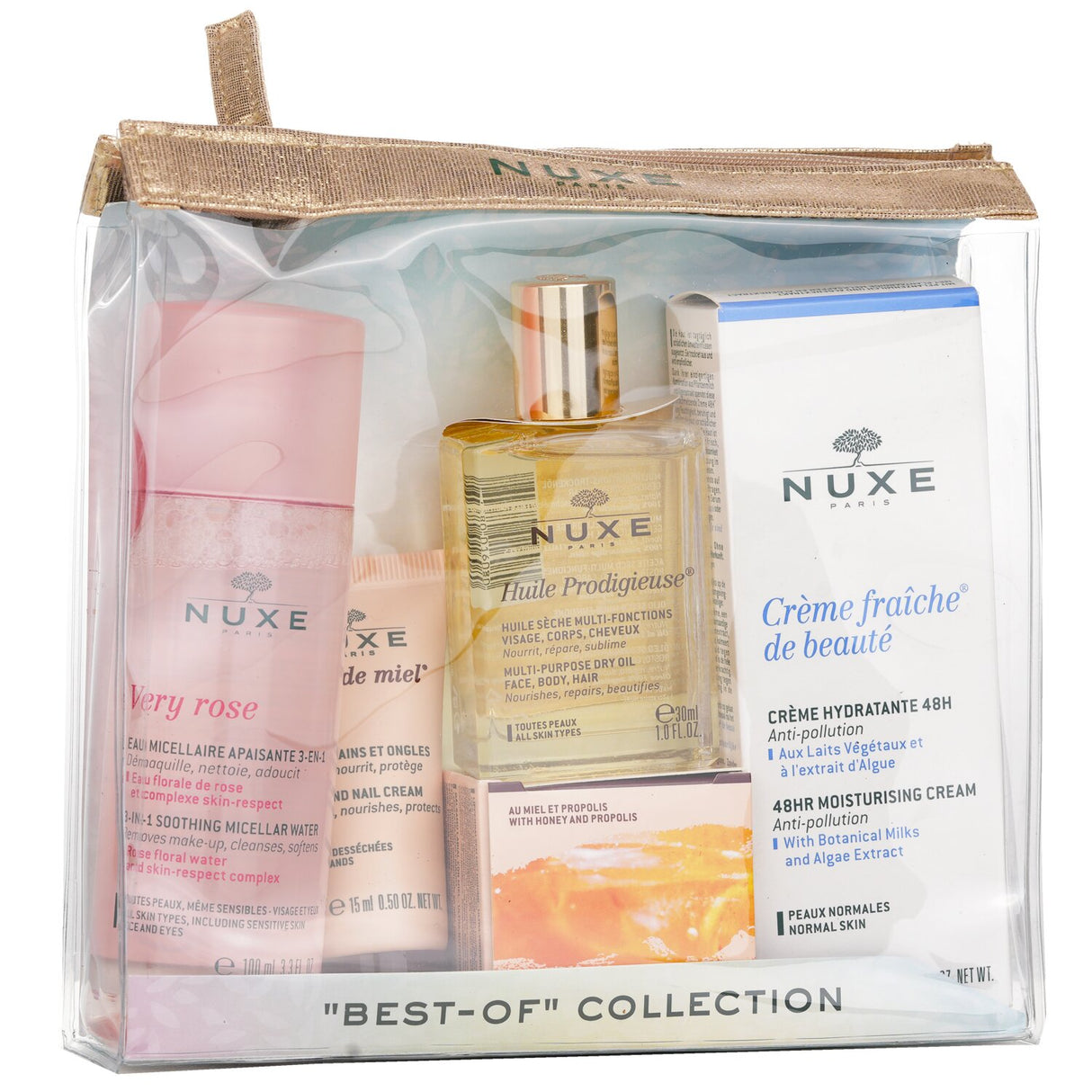 Nuxe "Best-Of" Collection Gift Set with 5 iconic skincare products for radiant and hydrated skin, elegantly packaged for gifting.