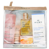 Luxurious 5-piece Nuxe skincare gift set featuring micellar water, hand cream, dry oil, lip balm, and moisturizing cream.