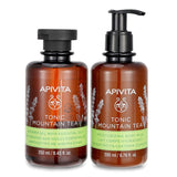 Apivita Uplift Your Mood Set featuring Tonic Mountain Tea Shower Gel and Body Milk for energizing skin revitalization.