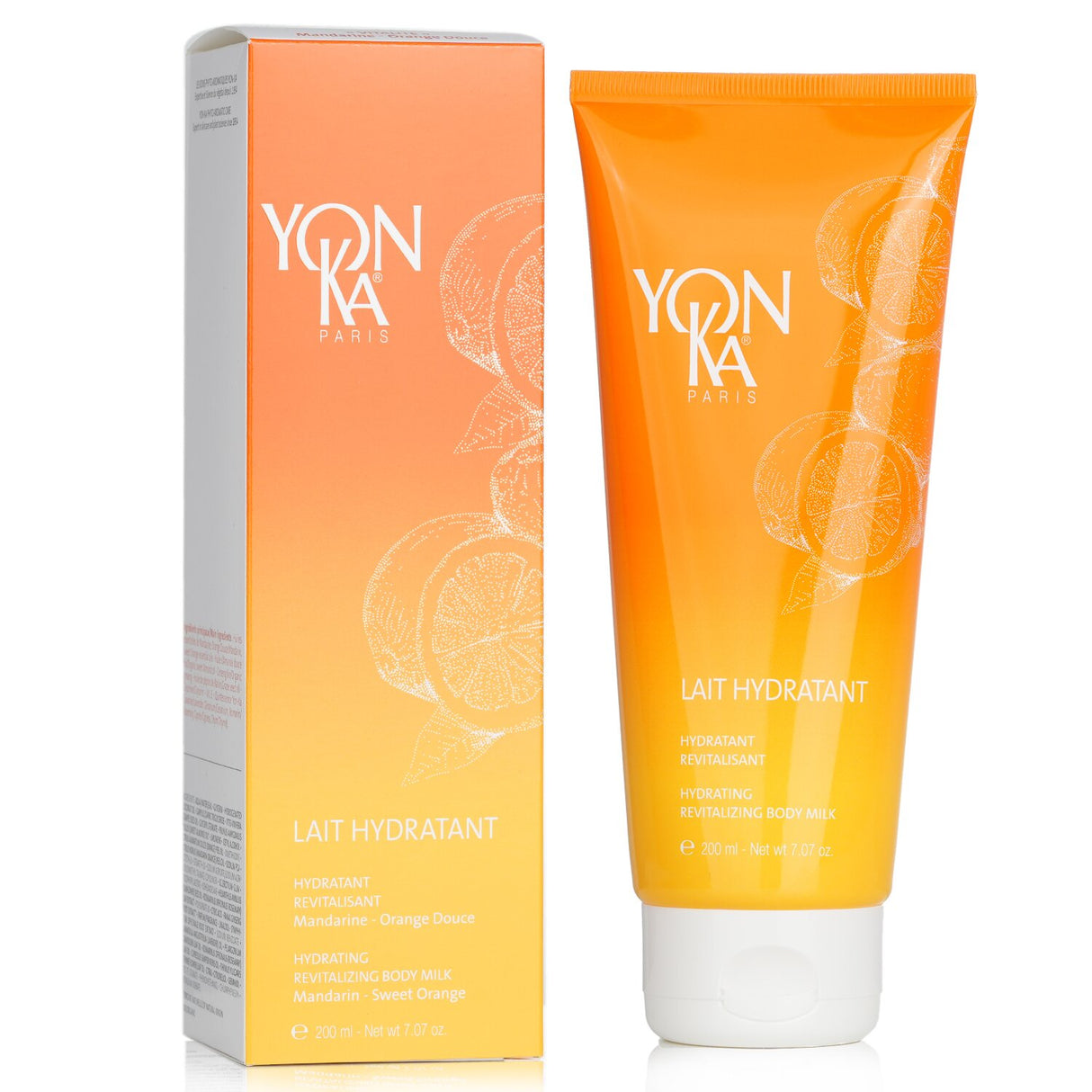 Yonka Hydrating Body Milk with mandarin scent, enriched with natural oils for soft, revitalized skin; absorbs quickly, no grease.