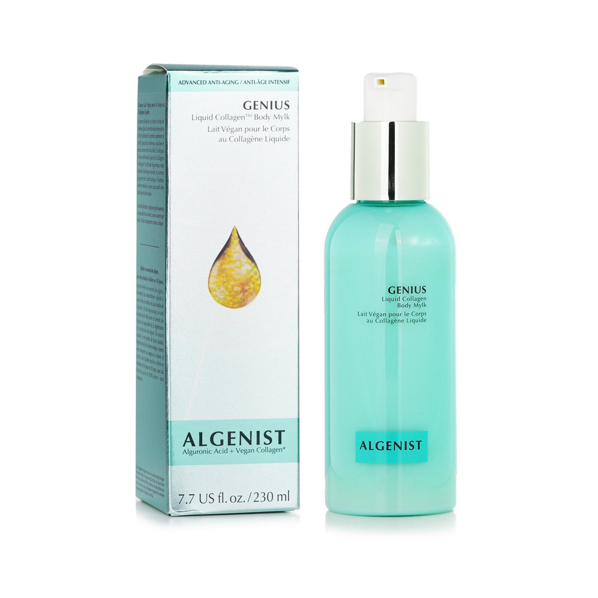 Algenist GENIUS Liquid Collagen Body Mylk in 230ml, a lightweight anti-aging moisturizer infused with vegan collagen and Alguronic Acid.