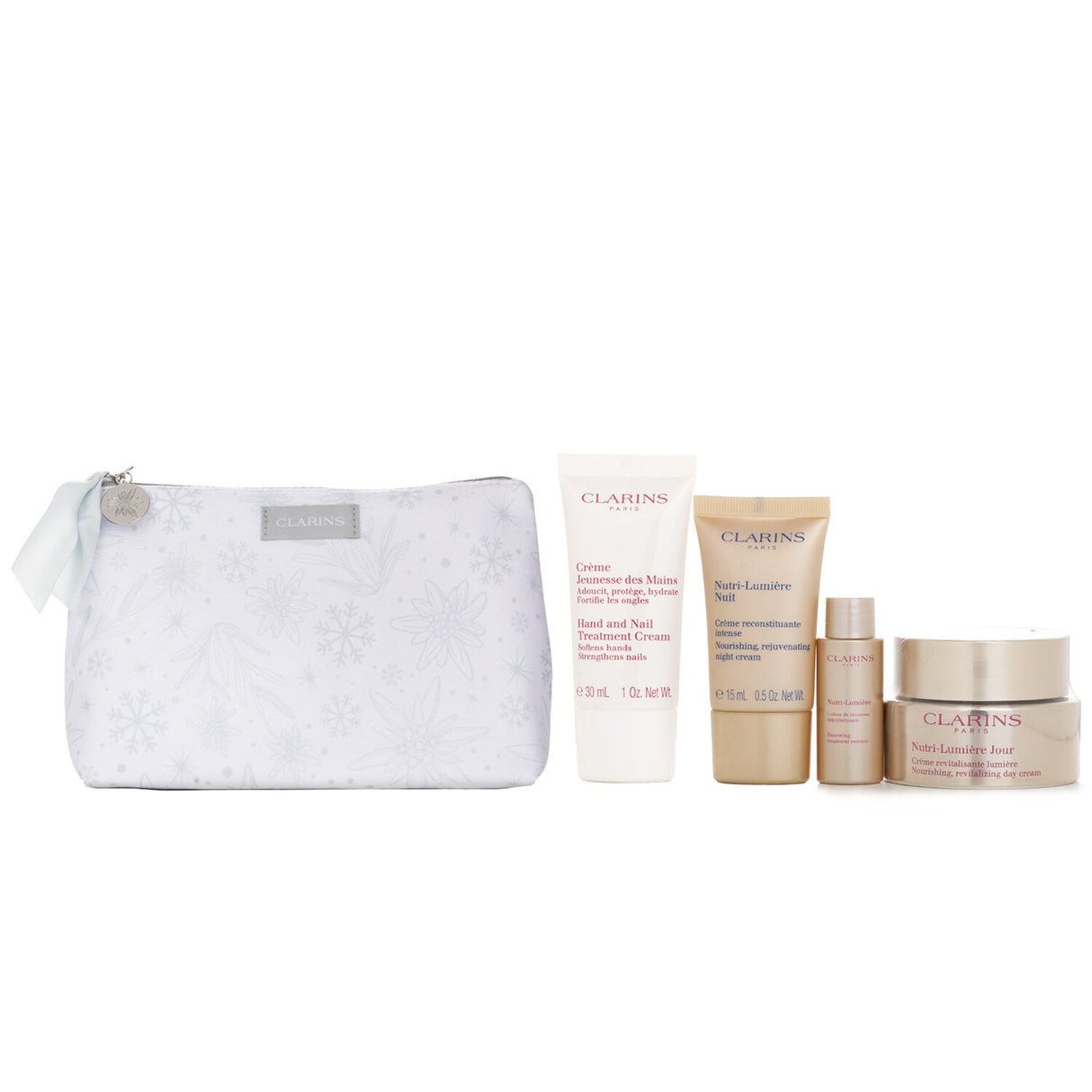Clarins Nutri-Lumiere Collection of 4 skincare essentials with elegant bag for a radiant and rejuvenated complexion.
