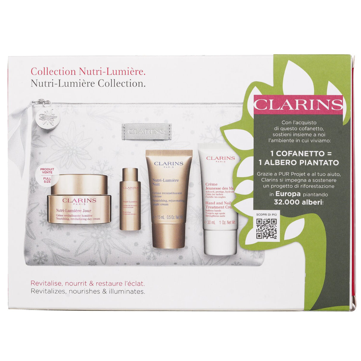 "Clarins Nutri-Lumiere Collection: 4 skincare essentials & stylish bag for luminous, youthful skin."