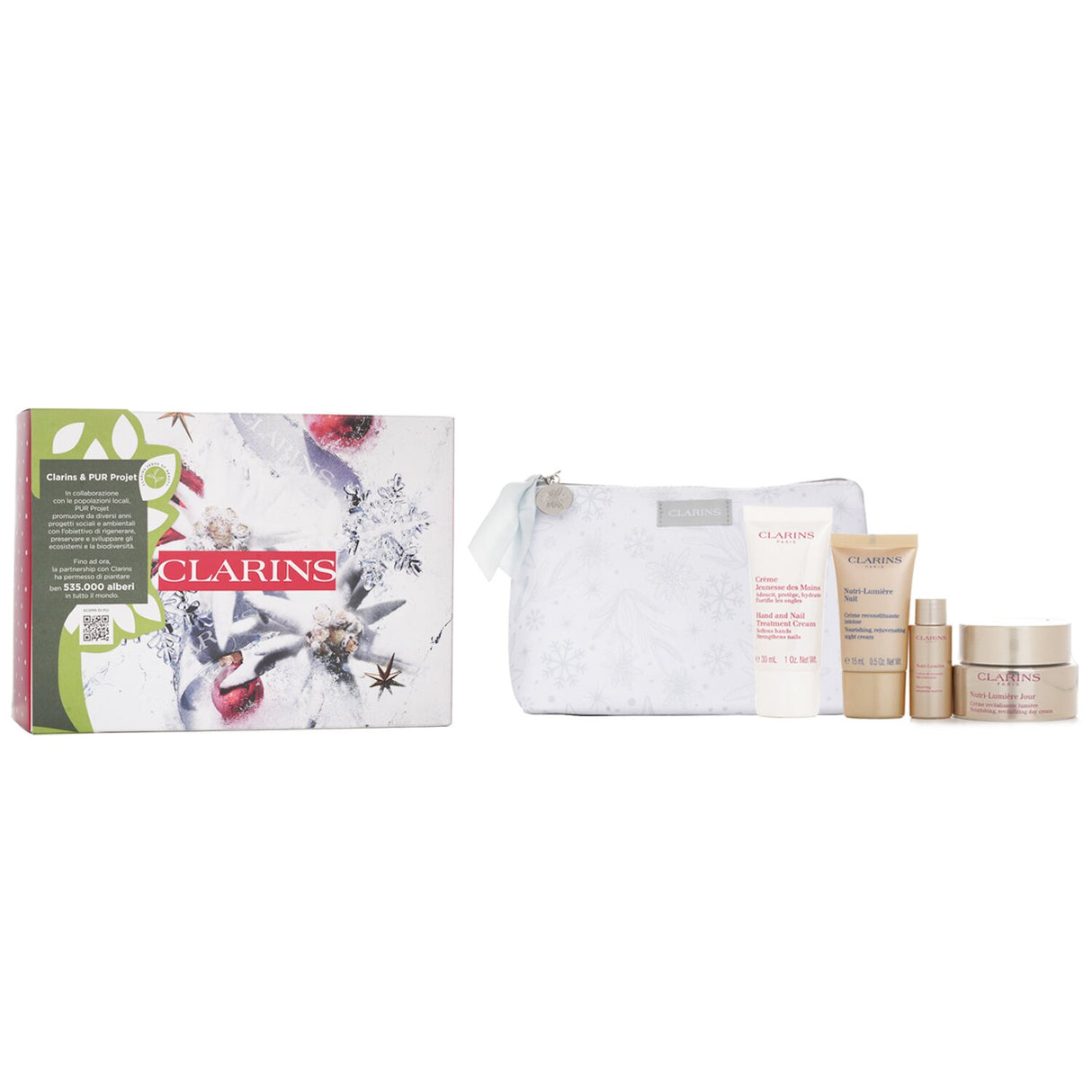 "Clarins Nutri-Lumiere Collection with four skincare products and a stylish bag for nurturing a luminous, youthful glow."