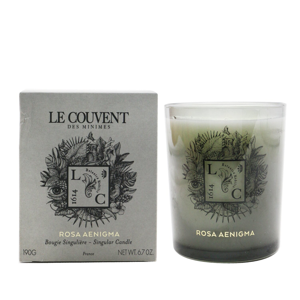Vegan-friendly Rosa Aenigma candle in 190g, crafted in France, offers 50 hours of enchanting fragrance for a cozy atmosphere.