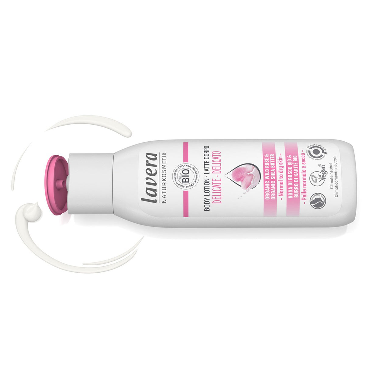 Lavera Body Lotion with Organic Wild Rose & Shea Butter, hydrating for normal to dry skin, with a floral aroma and vegan formula.