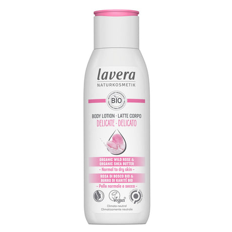 Lavera Delicate Body Lotion with Organic Wild Rose and Shea Butter, ideal for nourishing normal to dry skin.