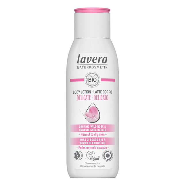 Lavera Delicate Body Lotion with Organic Wild Rose and Shea Butter, ideal for nourishing normal to dry skin.