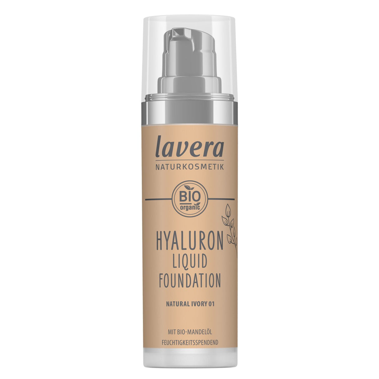 Lavera Hyaluron Liquid Foundation in #01 Natural Ivory, offering medium coverage, hydration, and a flawless, weightless finish.