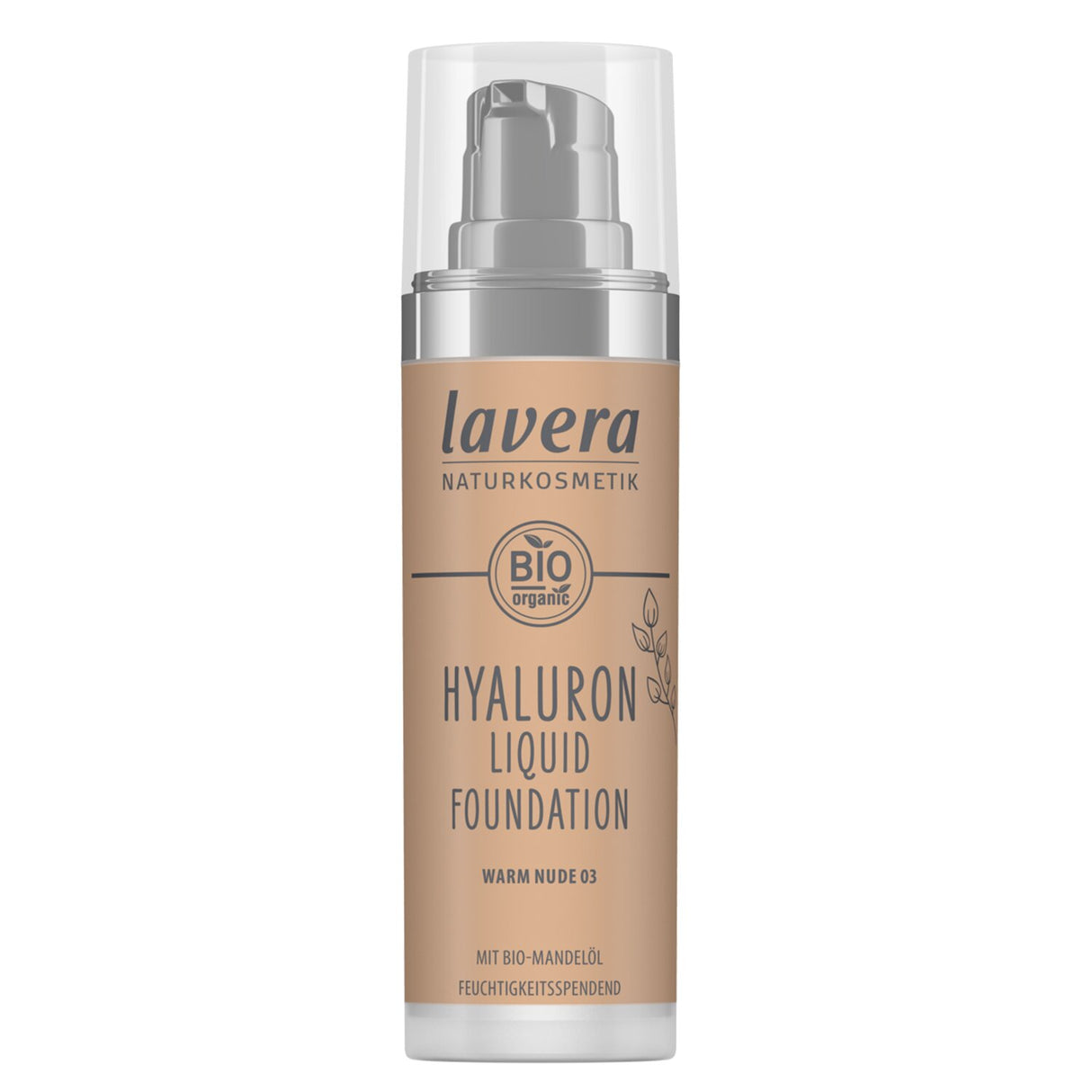 Natural hyaluron foundation in #03 Warm Nude, offering medium coverage, smooth texture, and skin-nourishing ingredients.