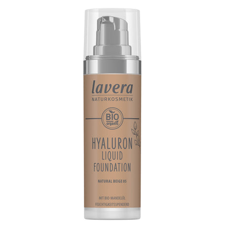 Lavera Hyaluron Liquid Foundation #05 Natural Beige in 30ml features a silky formula for medium coverage and a radiant finish.