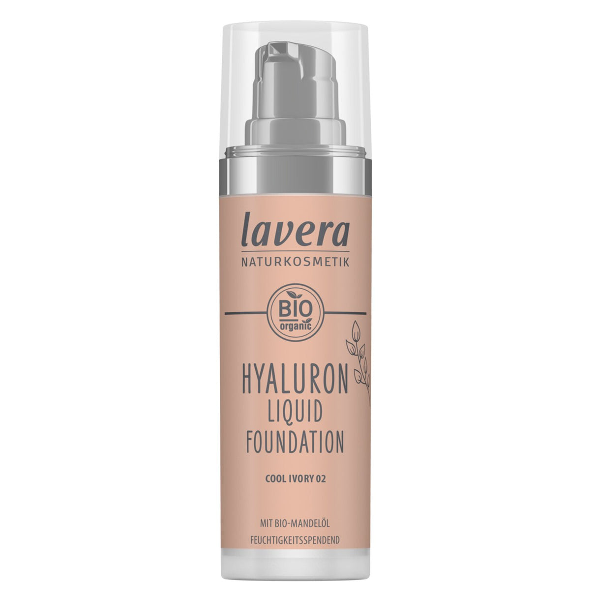 Lavera Hyaluron Liquid Foundation in #02 Cool Ivory; 30ml, vegan, smooth texture, medium coverage, hydrates and conceals.