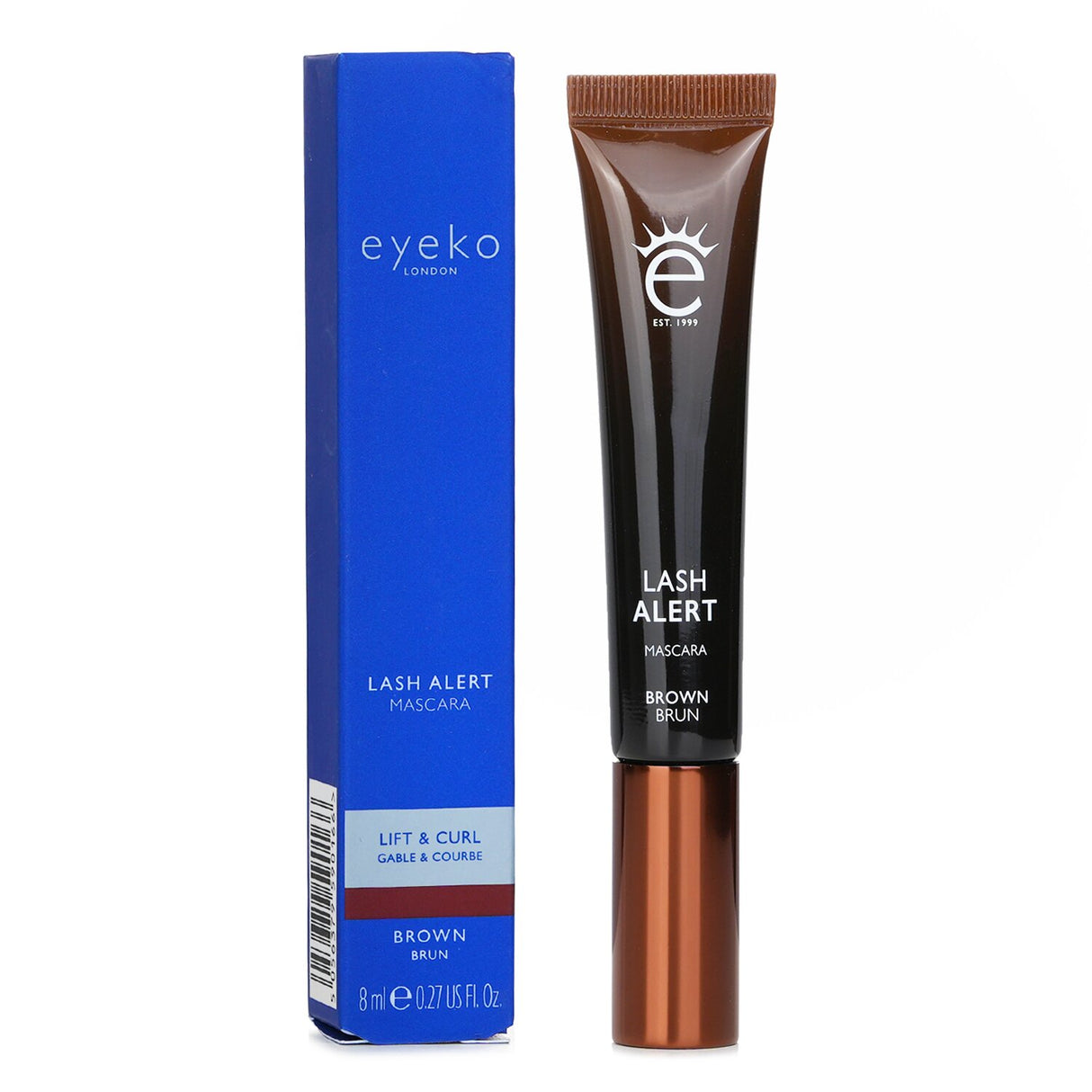 Eyeko Lash Alert Mascara in Brown, 8ml, features a water-resistant formula for long-lasting volume and lash care.