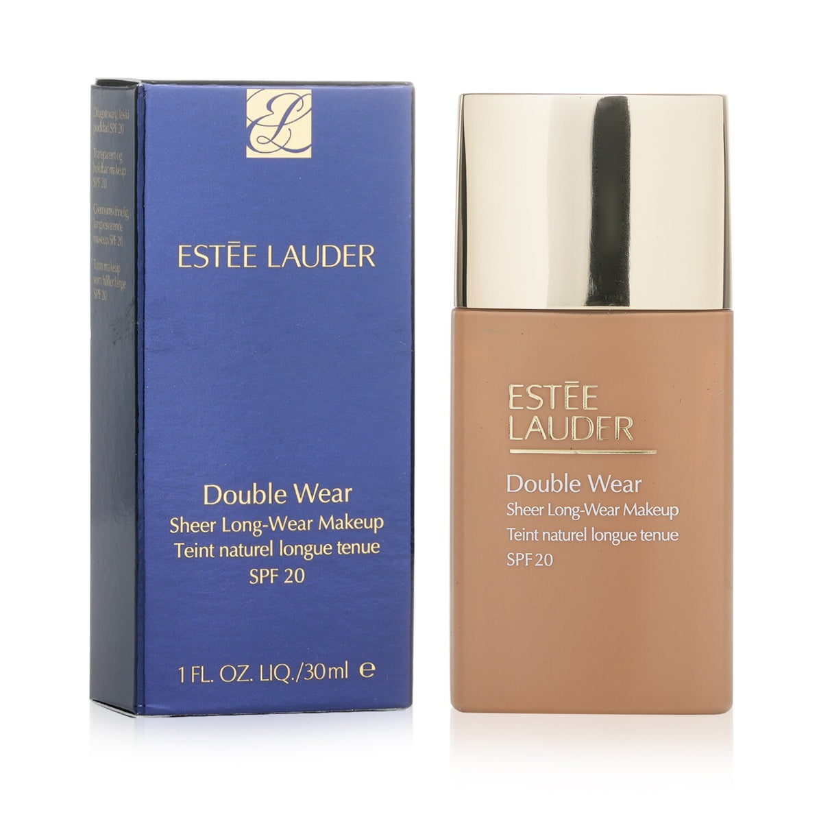 Estee Lauder Double Wear Sheer Long Wear Makeup SPF 20 in #4N1 Shell Beige, 30ml, offering natural coverage and sweat resistance.